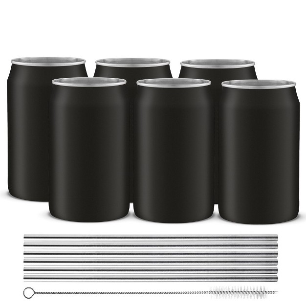 Joyjolt Stainless Steel Can Drinking Tumblers With 6 Straws amp Brush 16 Oz Black