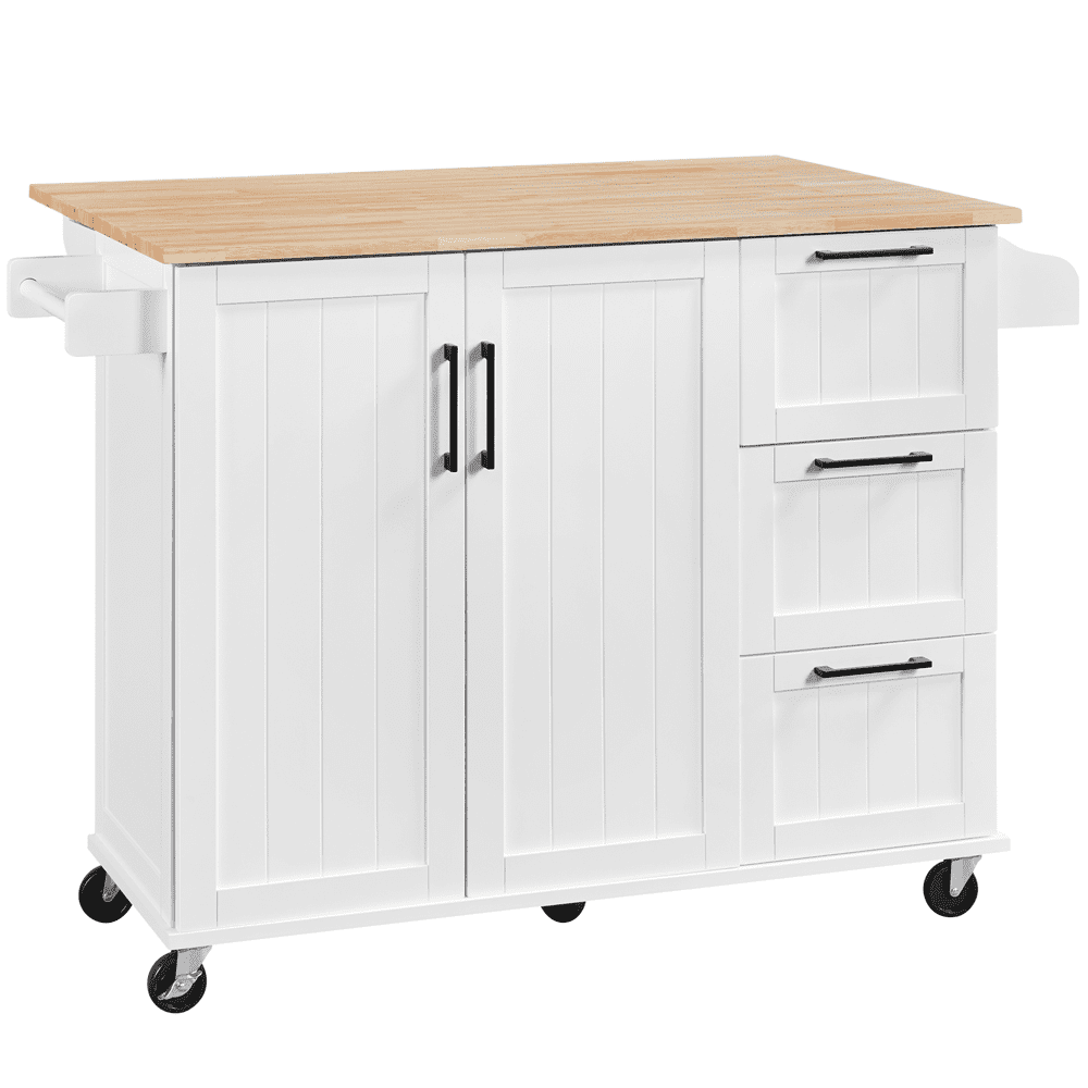 Topeakmart Wood Top Rolling Kitchen Cart Island with Storage Cabinet and 3 Drawers and Spice Rack， White