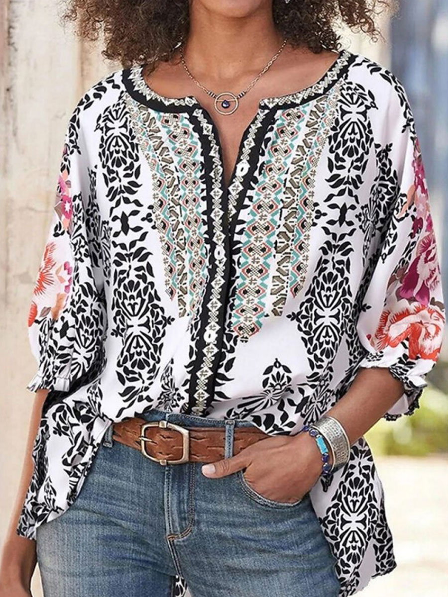 V-neck Casual Loose Vintage Print Long Sleeve Blouse