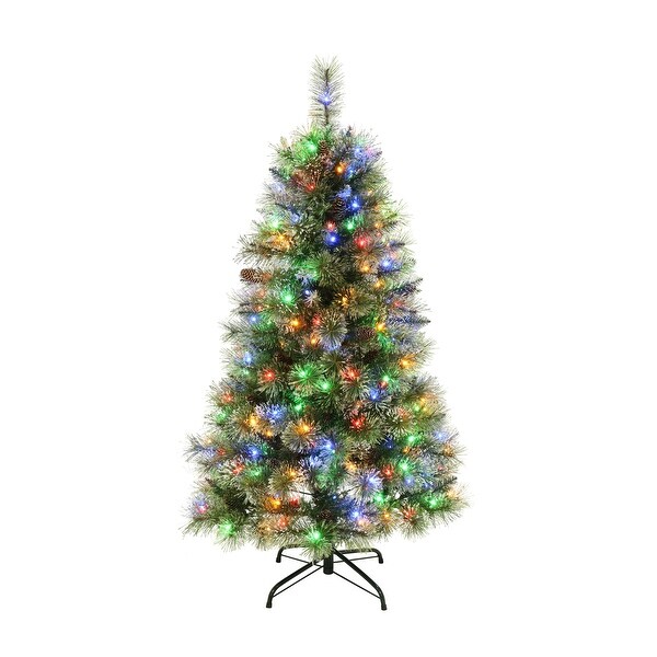 Roomfitters Artificial Christmas Tree with Multicolor LED Lights，White Ornaments，and Ribbon Topper，Frosted Pine Needles