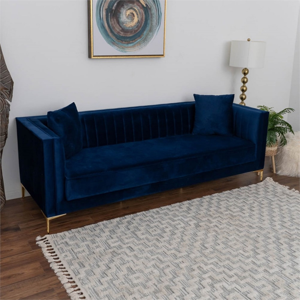 Pemberly Row Mid Century Velvet Tight Back Sofa in Dark Blue   Midcentury   Sofas   by Homesquare  Houzz