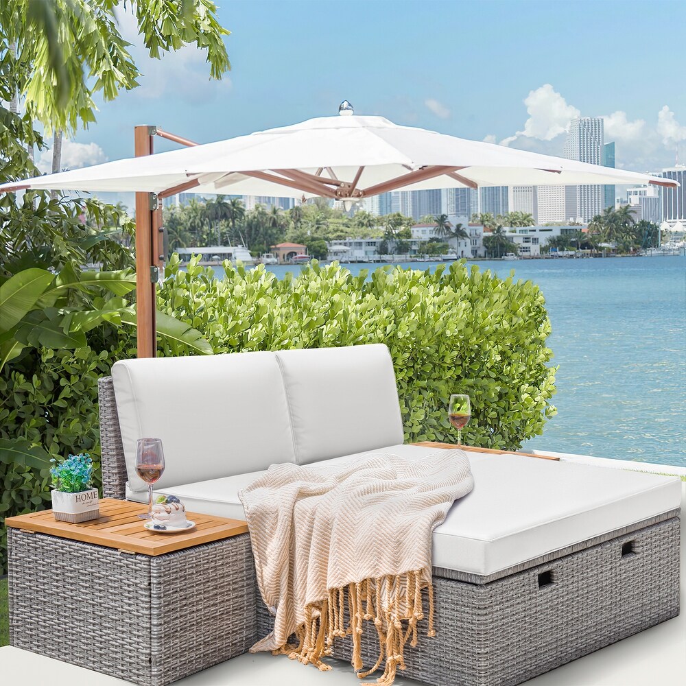 Furniwell Outdoor Daybed Patio Furniture Set Rattan Storage Conversation Set with Cushion and Side Table