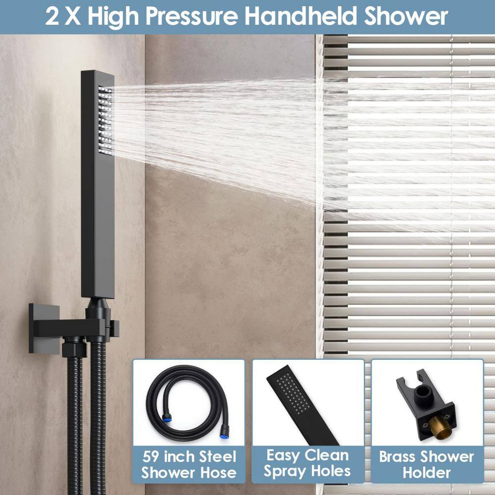 GRANDJOY Multiple Press 7-Spray Ceiling Mount 12 in. Fixed and Handheld Shower Head 2.5 GPM in Matte Black GJSFS1006-BK12