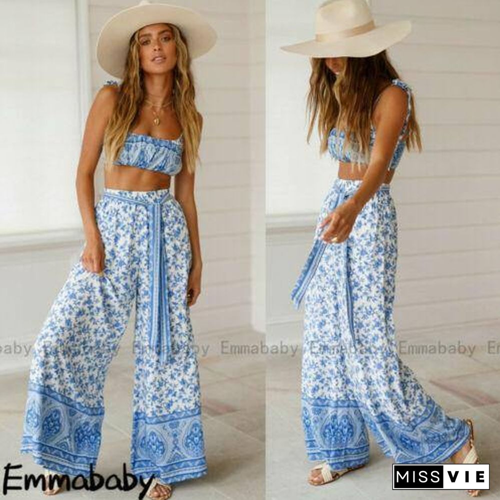 2 Pecs Suit Summer Tracksuit Sets Womens Outfits Boho Beach Style Print Underwear Loose Wide Leg Pants Ropa Mujer Подходить New