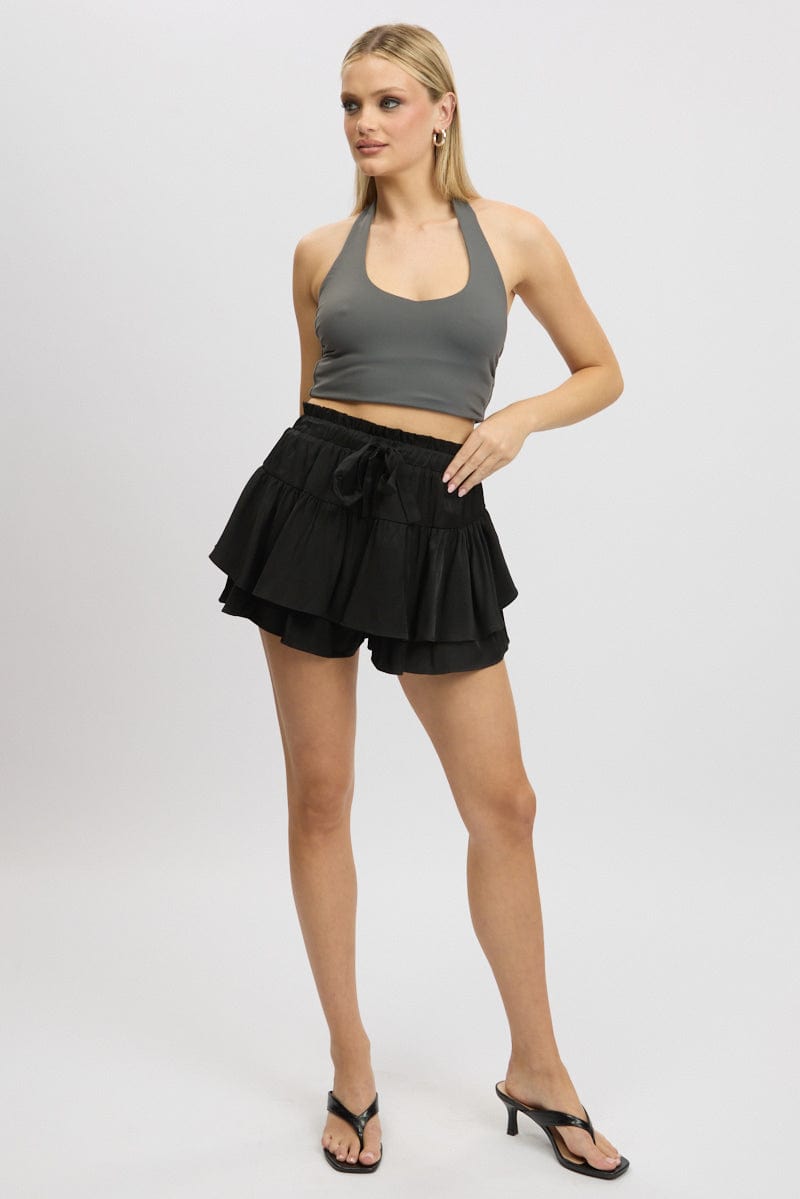 Black Skort Skirt Frilled Hem Elasticated Waist