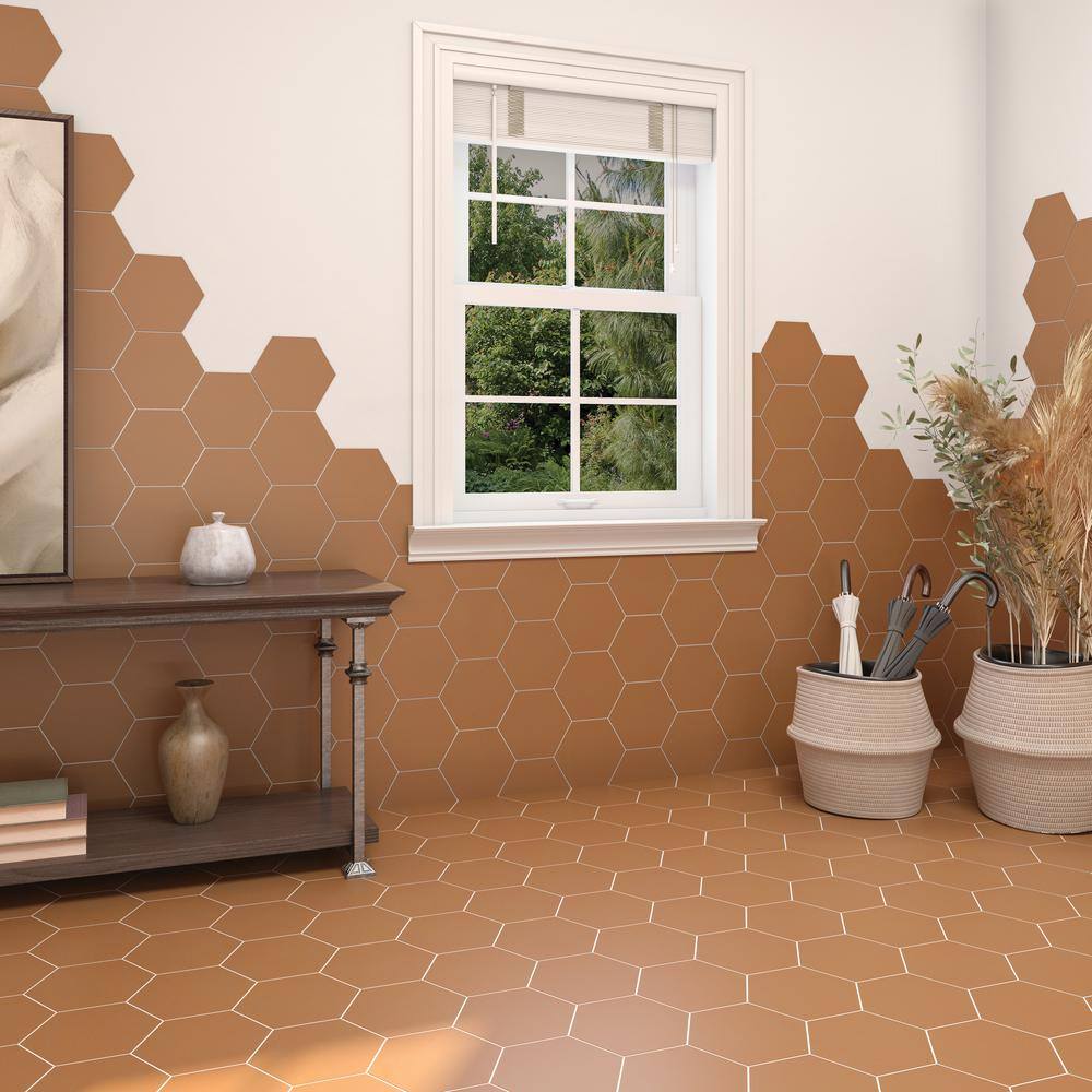 Marazzi Moroccan Concrete Terra Cotta 8 in. x 9 in. Glazed Porcelain Hexagon Floor and Wall Tile (9.37 sq. ft.Case) MC568HEX1P2