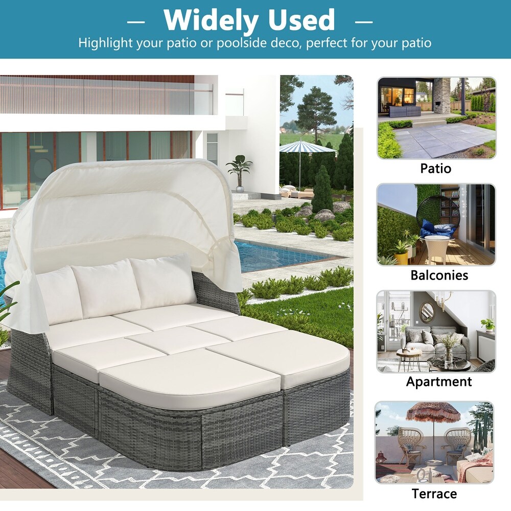 DIY Outdoor Sunbed Sofa Set with Coffee Table and Retractable Canopy