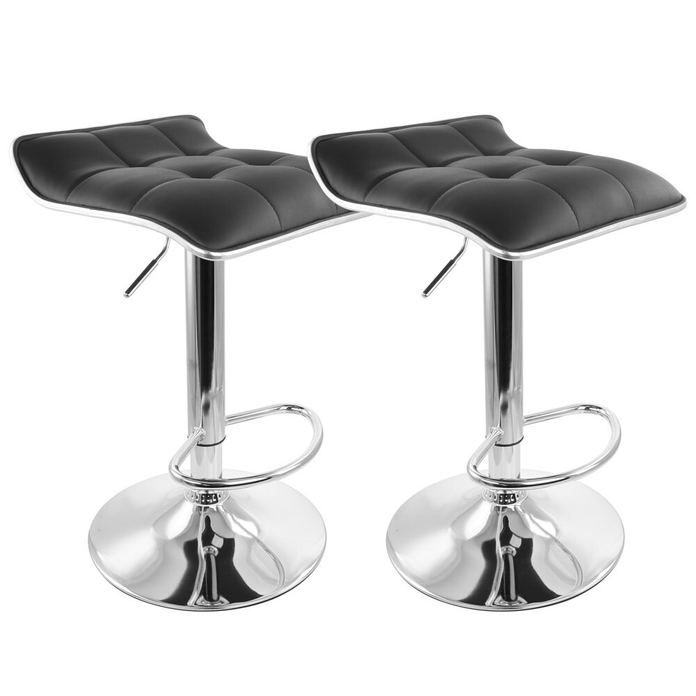 2 Piece Tufted Faux Leather Adjustable Bar Stool with Low Back in Black with Chrome Base