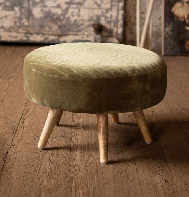 Retro Round Velvet Ottoman Stool Avocado Green Large Exposed Wood MidCentury   Midcentury   Footstools And Ottomans   by My Swanky Home  Houzz