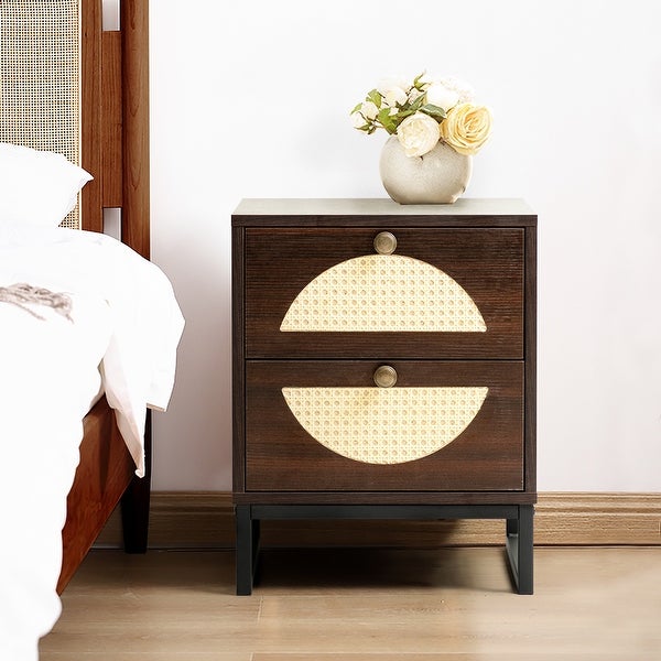 Natural Rattan Nightstand Side Table Display Rack for Bedroom