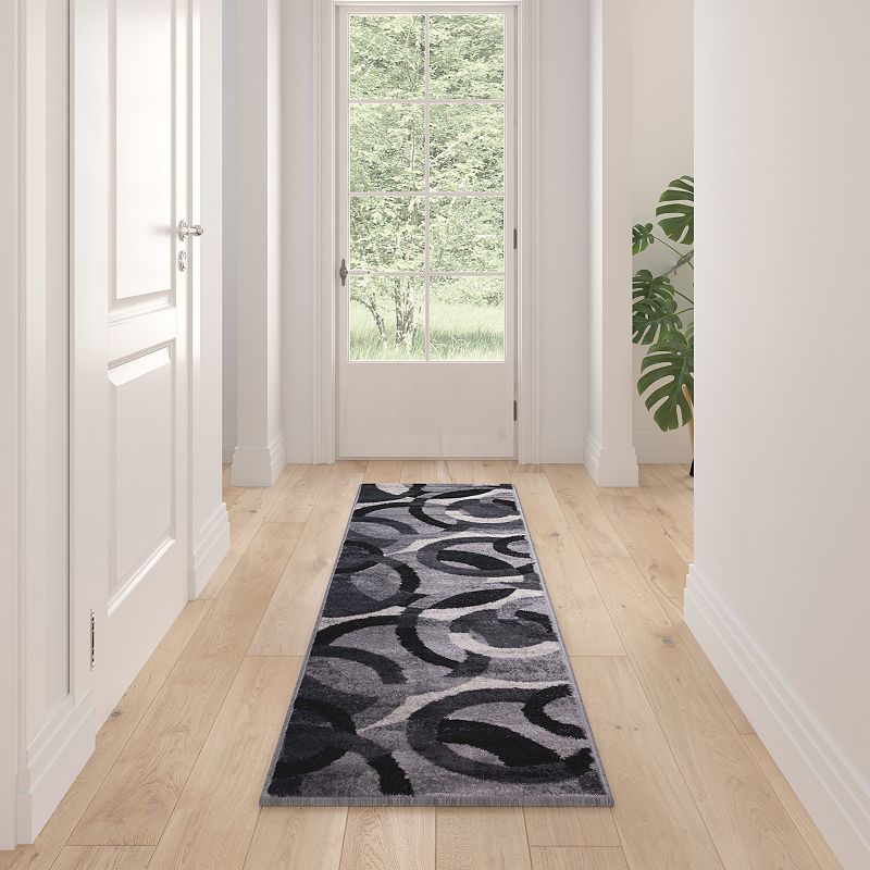 Masada Rugs Masada Rugs， Thatcher Collection Accent Rug with Interlocking Circle Pattern in Black/Grey with Olefin Facing and Natural Jute Backing - 2'x7' Runner