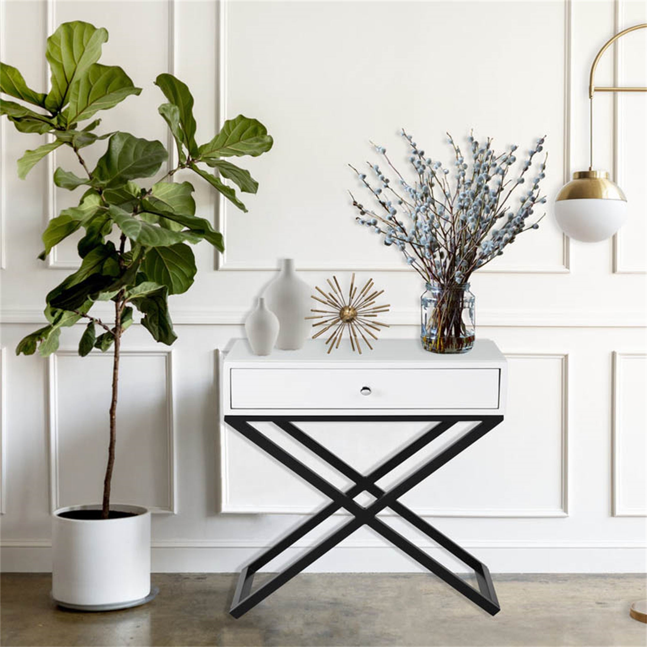 Wooden End Side Table with Glass Top Drawer and Metal Cross Base