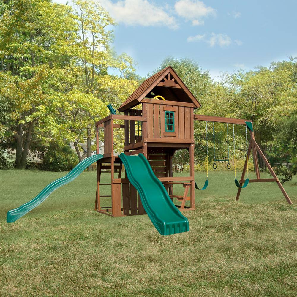 Swing-N-Slide Playsets Monteagle Complete Wooden Outdoor Playset with 2 Slides Rock Wall Swings and Backyard Swing Set Accessories WS 8344