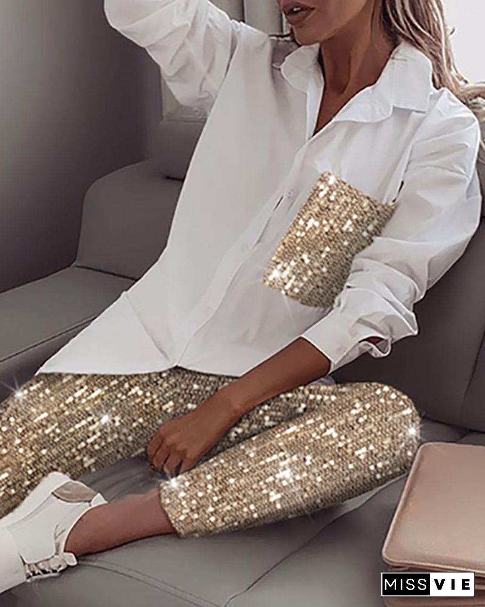 Sequin Long Sleeve Top & Pant Sets P14562