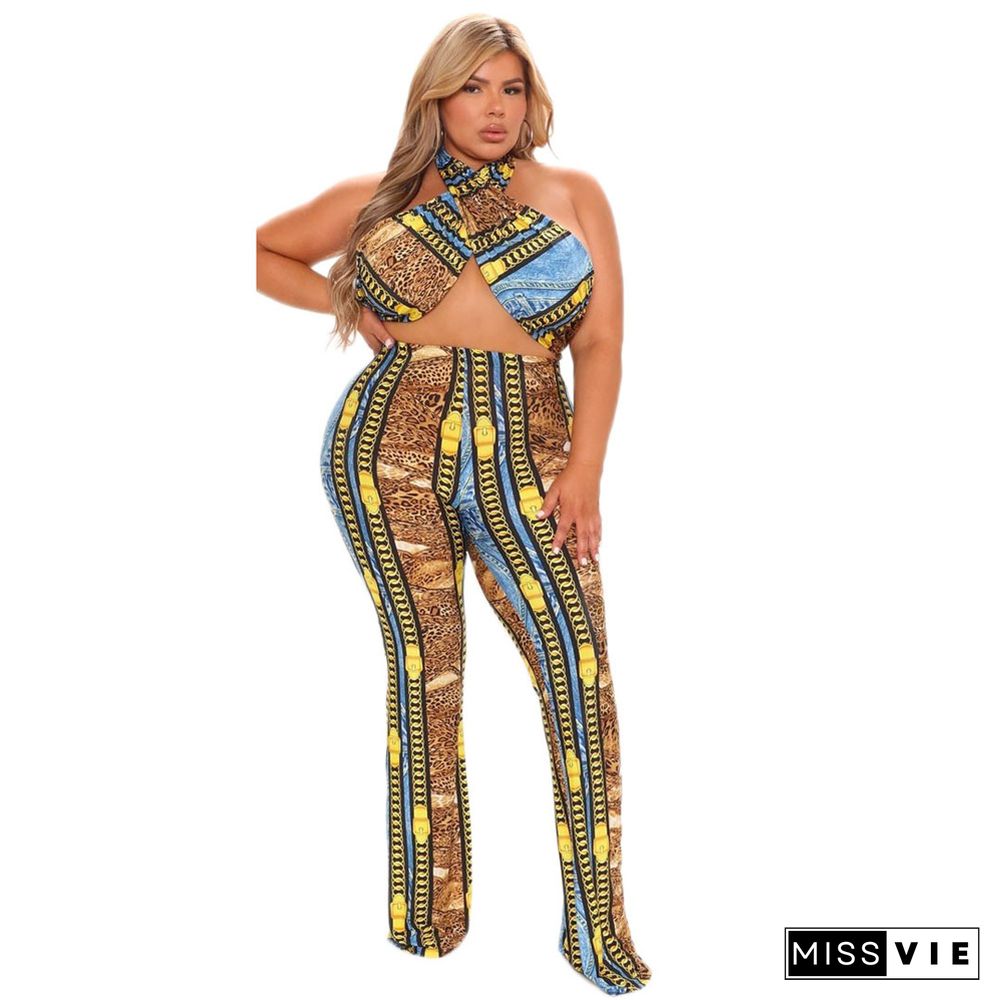 Printed Cross Wrap Halter Crop Top Wide Leg Pants Set