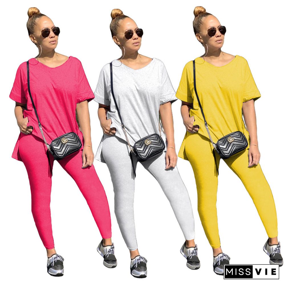 Solid-Color Split T-shirt Casual Pants Two-piece Set