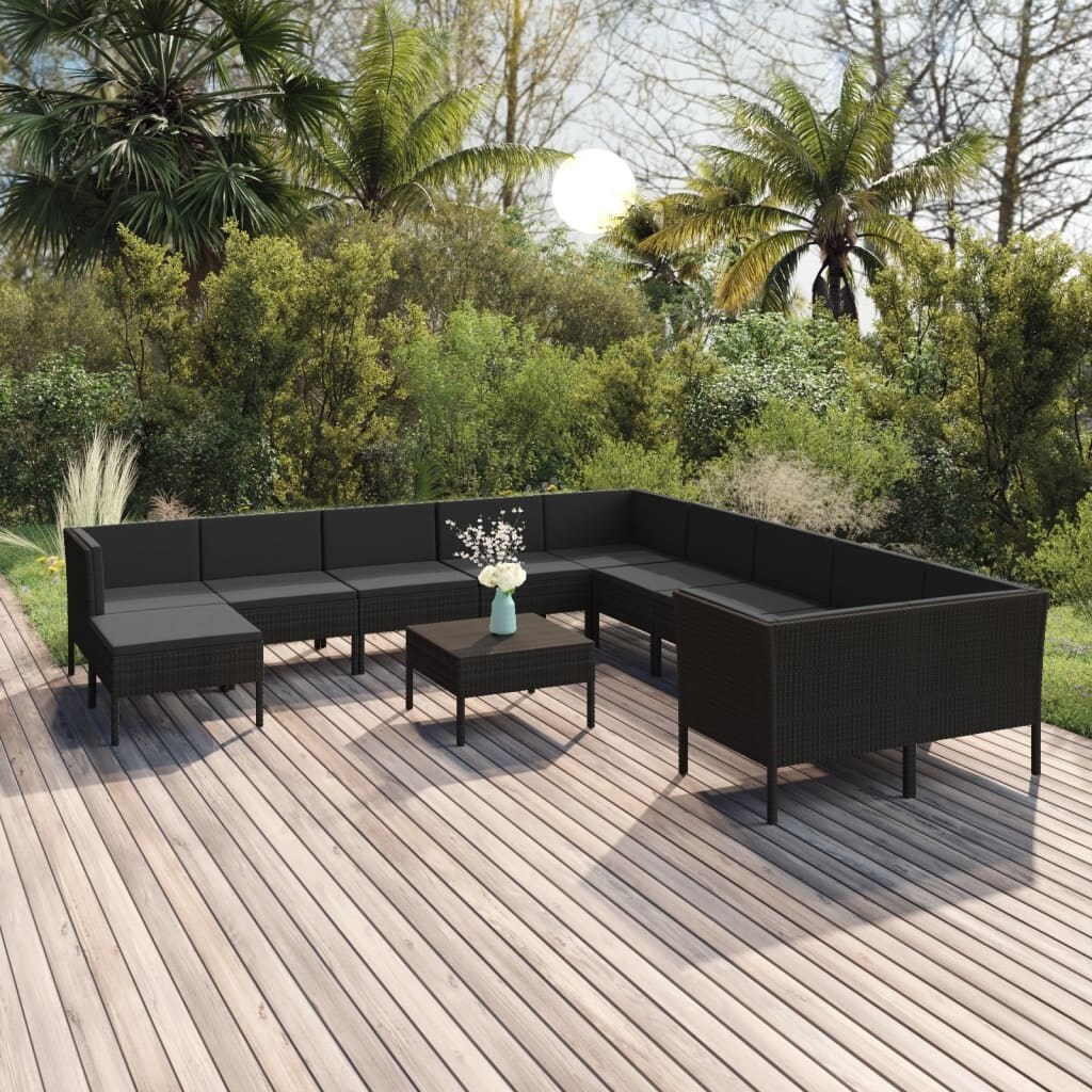 12 Piece Patio Lounge Set with Cushions Poly Rattan Black