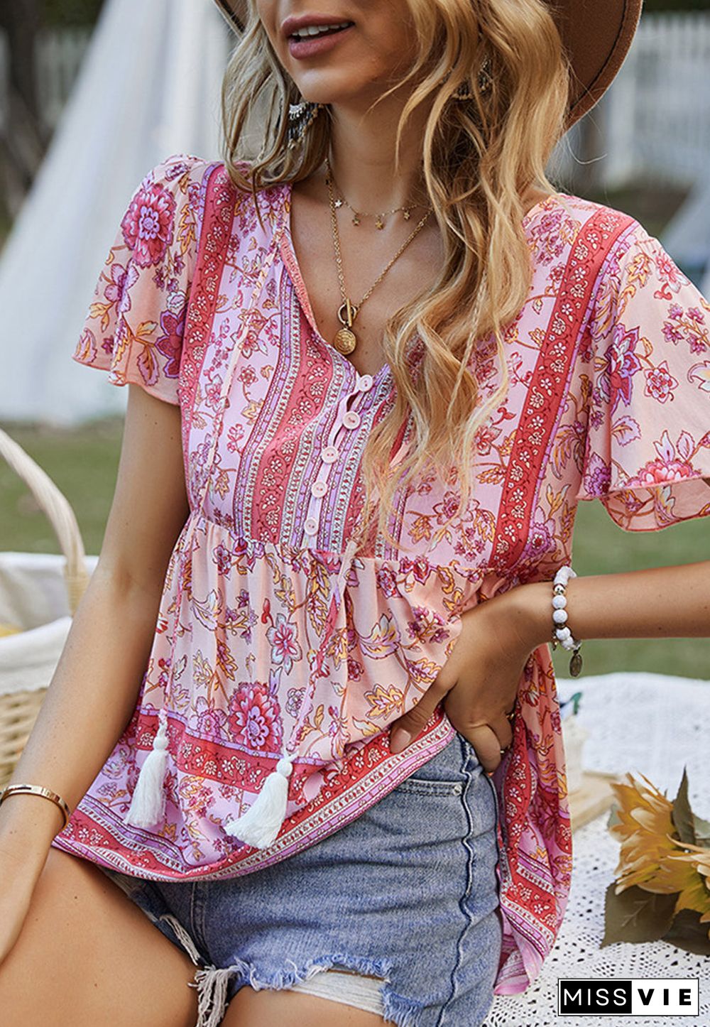 Tie V Neck Peplum Boho Blouse