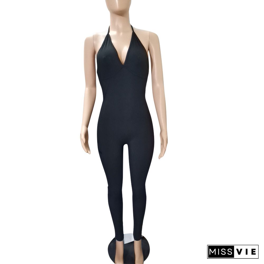 Sexy Summer Women Elegant Streetwear Solid V-Neck Halter Backless High Elastic Bodycon Fitness Jumpsuit