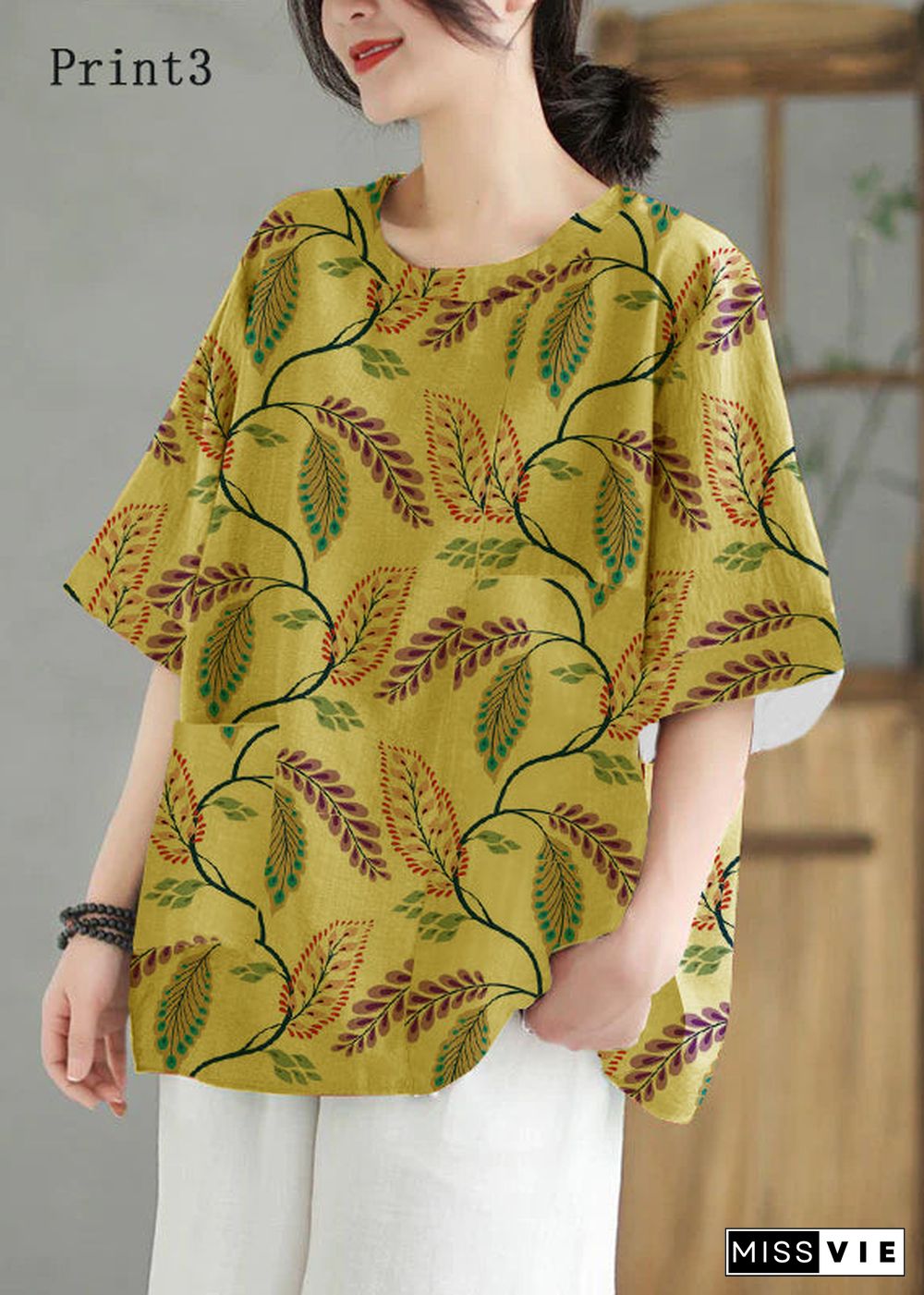 Women Print6  O Neck Print Patchwork Linen T Shirt Top Summer