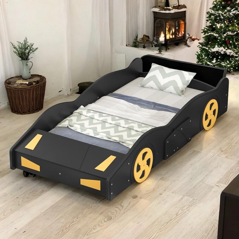 Twin Size Race Car Shaped Platform Bed with Wheels Magic Funny and Storage For Kids