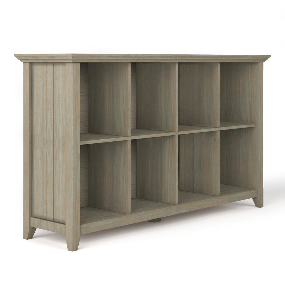 Simpli Home Acadian Solid Wood 33 in. x 57 in. Transitional 8 Cube Storage Sofa Table in Distressed Grey AXWELL3-014GR