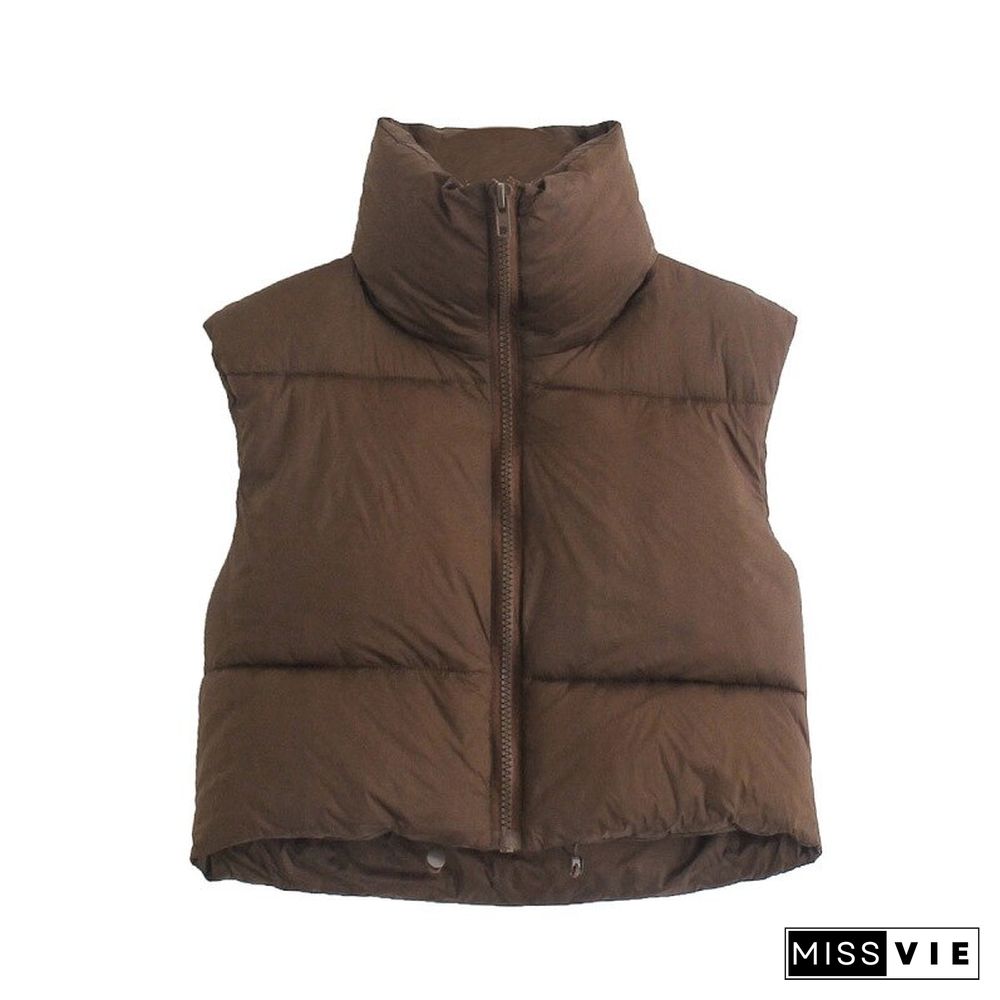 Women Fashion Brown Cropped Vest Coat Female Stand Collar Zipper Waistcoat Ladies Casual Outerwear