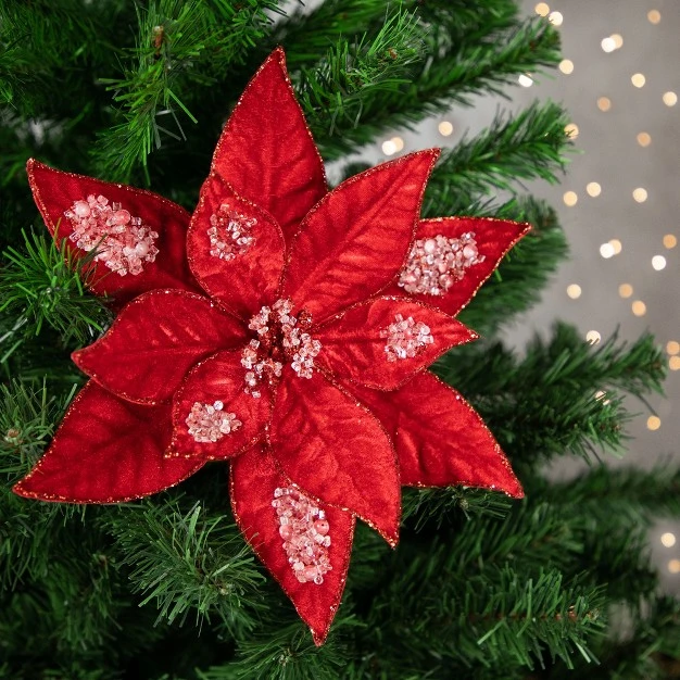 Icy Red Velvet Poinsettia Glittered Christmas Stem Spray