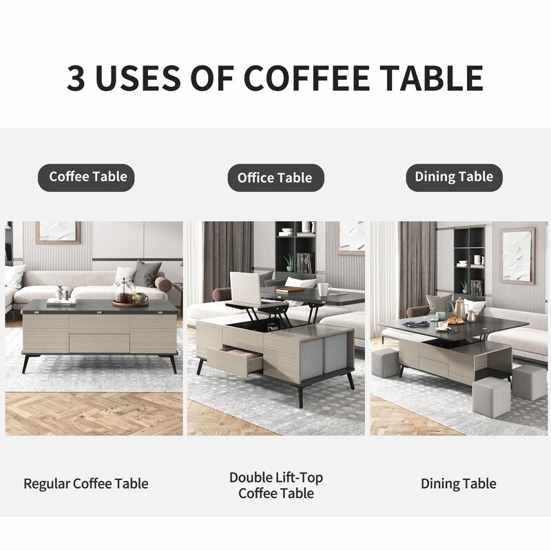 5 Piece Lift Top Coffee Table Set: Convertible Dining Table with Ottomans