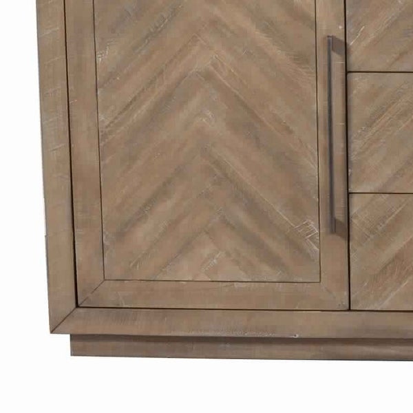 3 Drawer Herringbone Front Wooden Server with 2 Doors， Brown