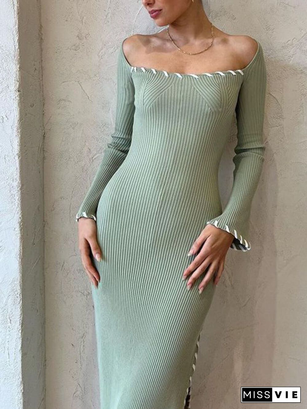 High Waist Solid Color Bodycon Slit Midi Dress