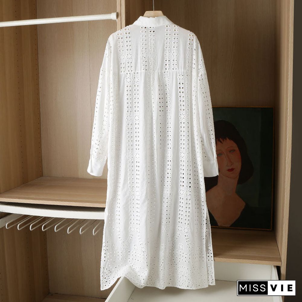 Spring Summer Women White Sexy Hollow Shirt Midi Dress Chic Embroidery Long Sleeve Solid Beach Dresses Ladies Vestidos