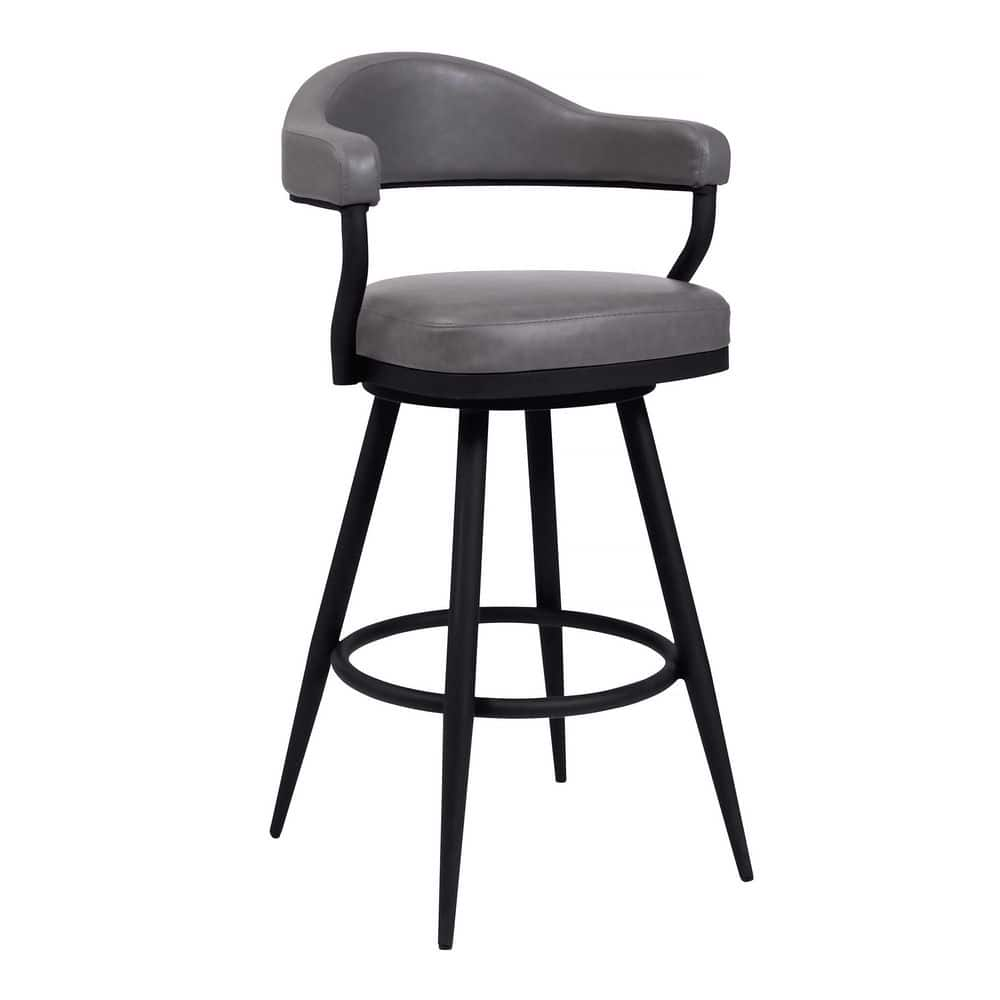 Armen Living Amador 30 in. Bar Height Bar Stool in a Black Powder Coated Finish and Vintage Grey Faux Leather 721535747016