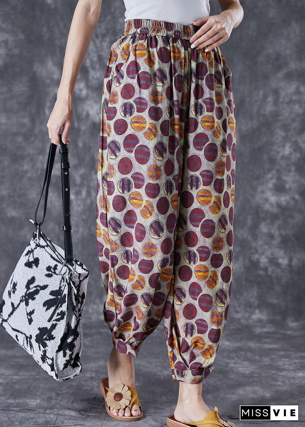 Purple Print Loose Linen Silk Harem Pants Elastic Waist Summer