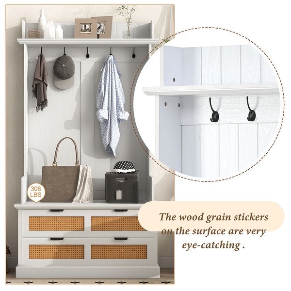 Wooden Hallway Organizer with Storage Bench and Metal Drawer Handles - - 37938191