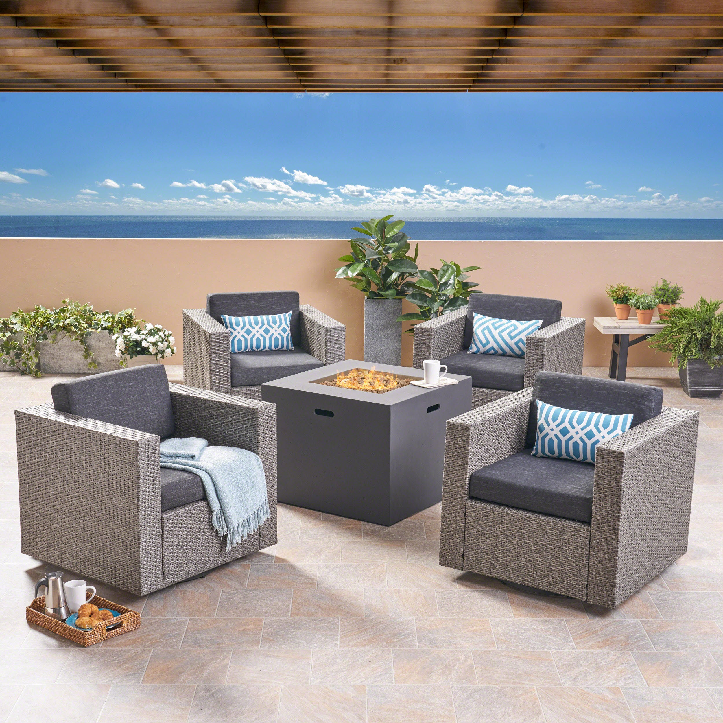 Fuller Outdoor 4 Piece Club Chair Set with Square Fire Pit