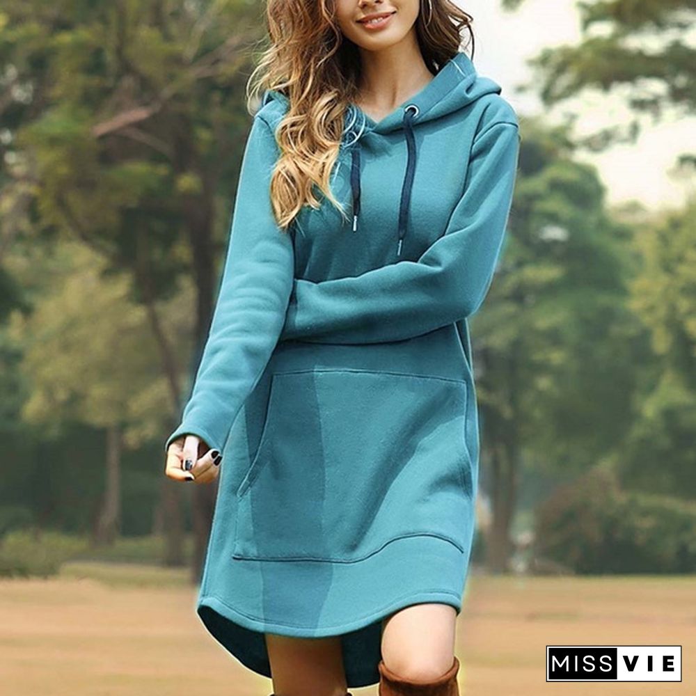 6 Colors S-3Xl Women Plus Size Solid Color Long Sleeve Loose Pocket Drawstring Hoodies Dress