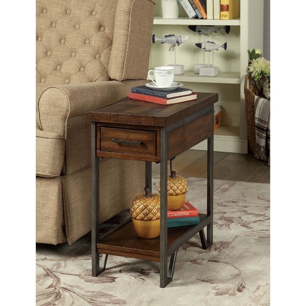 Rectangular Wood and Metal Side Table with USB Outlet， Brown and Gray - 24 H x 20 W x 12 L Inches