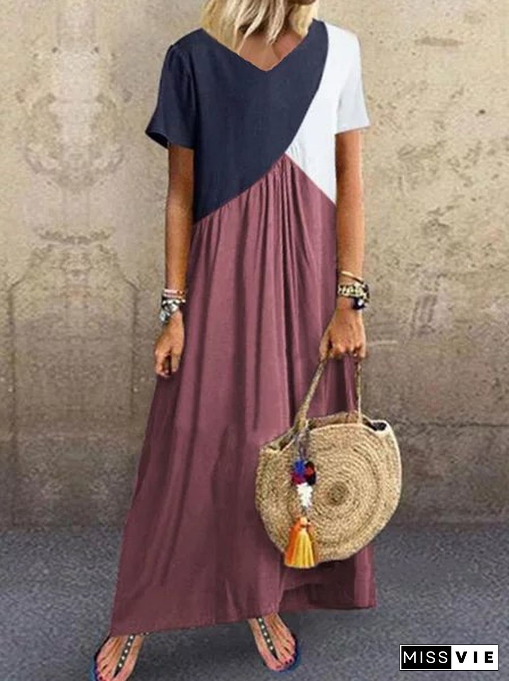 Women Casual Solid Color Cotton V Neck Plus Size Maxi Dresses