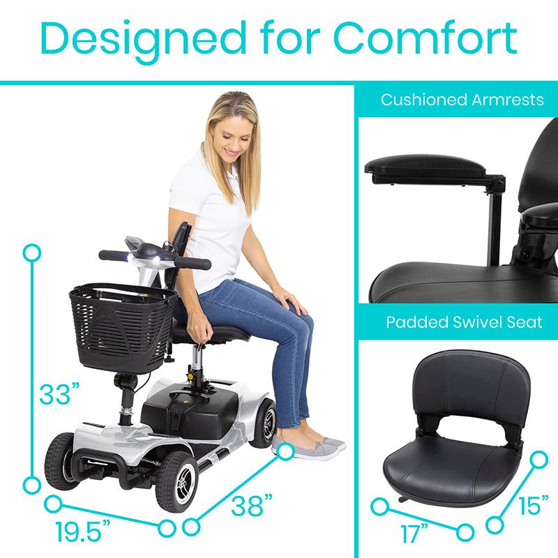 Vive Health Lightweight & Easy To Carry 4 Wheel Folding Mobility Scooter - Long Distance, Comfort Swivel Seat, w/ Anti-Flat Tires For Seniors