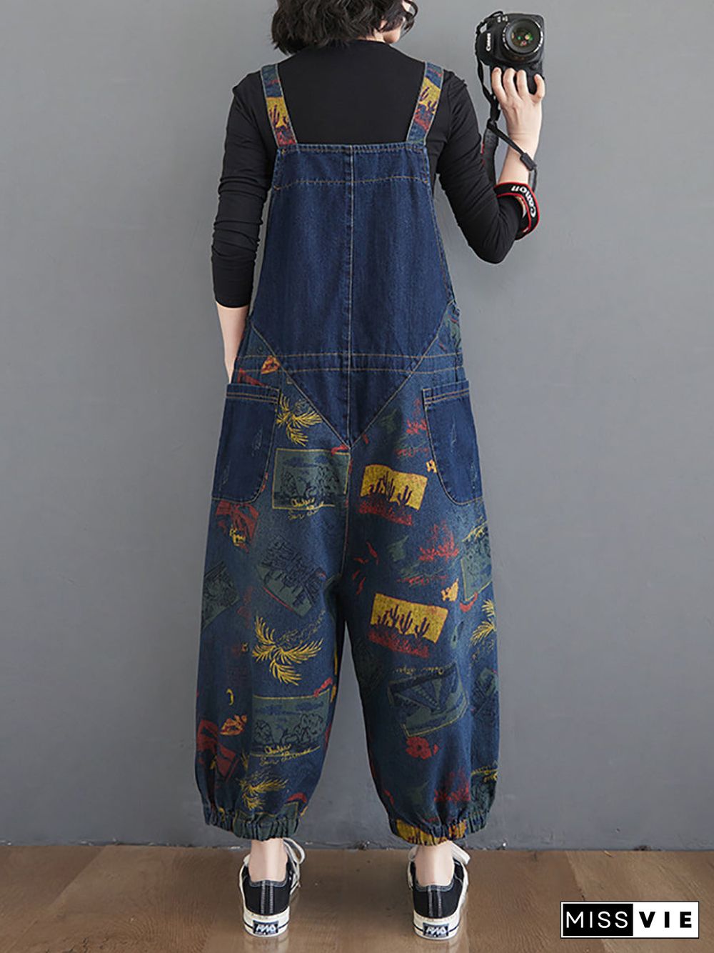 Women Casual Retro Print Pocket Loose Spliced Denim Jumpsuits