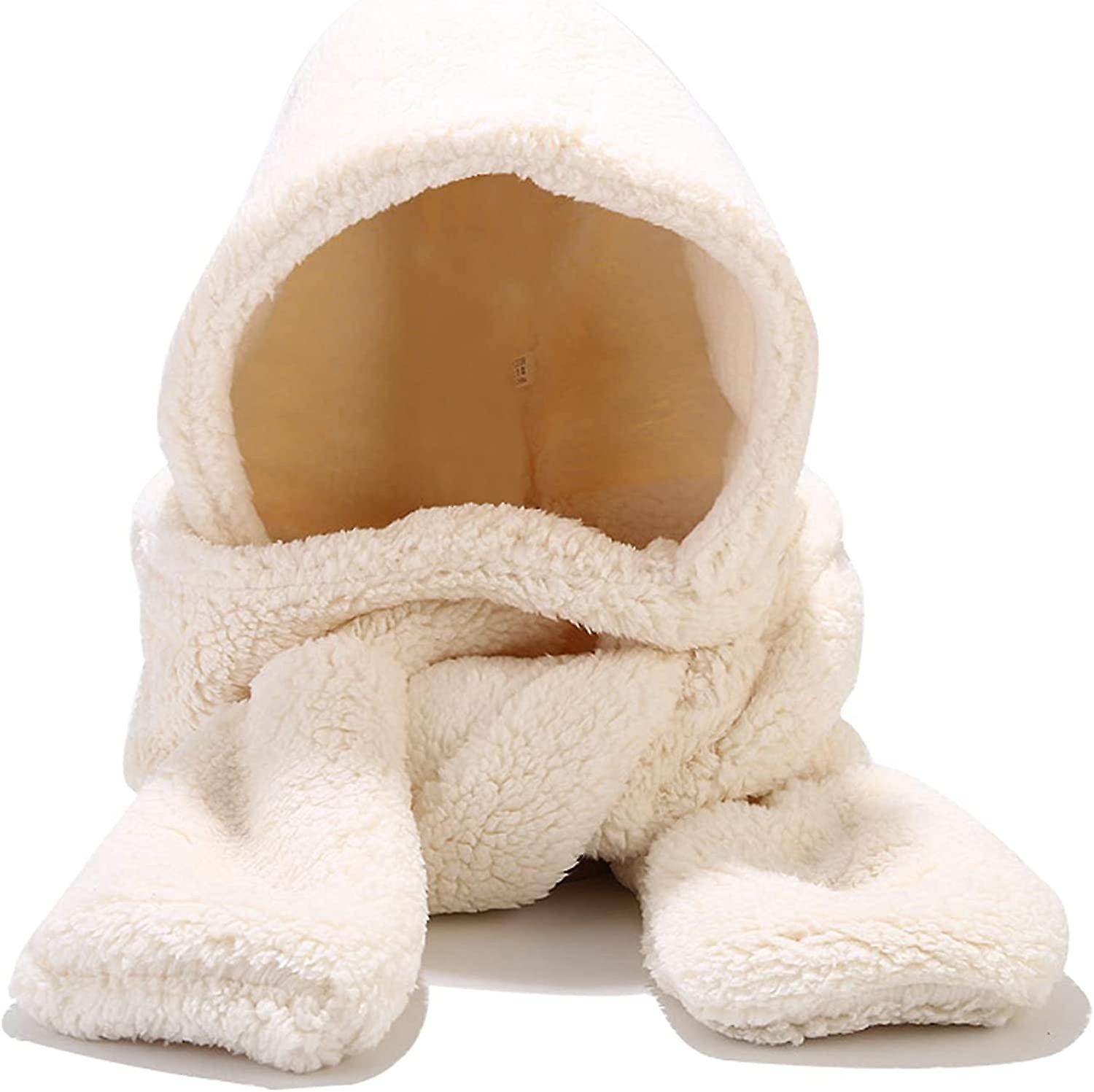 Winter Faux Fur Hood Hat Scarf And Gloves 3 In 1 Hooded Scarf For Women Men Beige White -