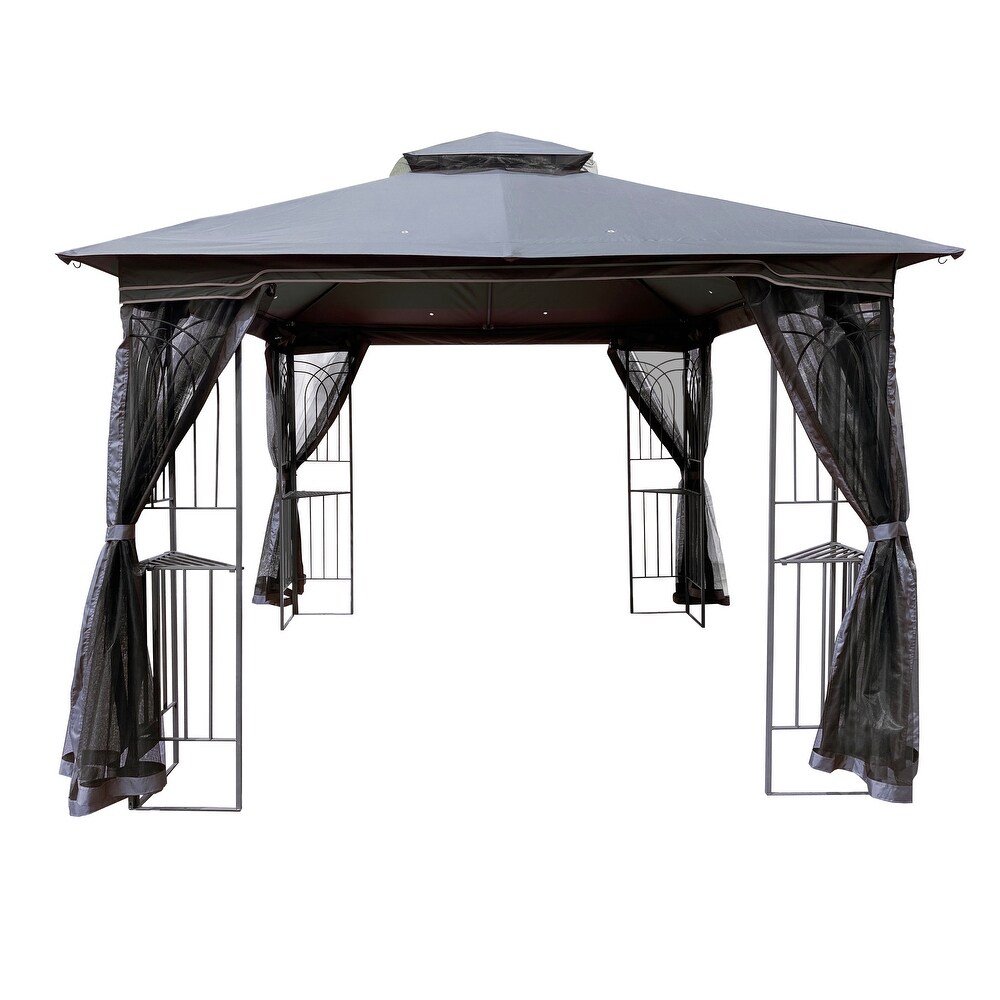 Gray 10x10 ft Patio Canopy Gazebo with Double Tier Roof  Mesh Screens