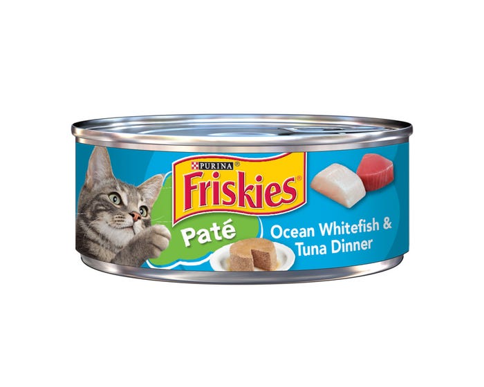 Purina Friskies Pate Ocean Whitefish  Tuna Dinner Wet Cat Food， 5.5 oz. Can