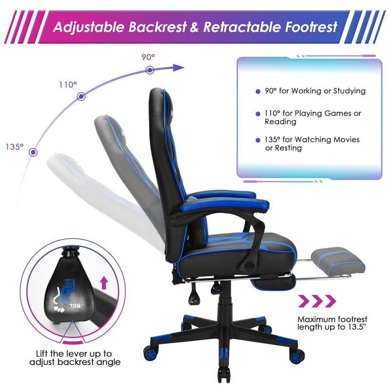 Massage Gaming Chair, Swivel Office Recliner, Adjustable Racing Computer Chair with Lumbar Support, Headrest & Retractable Footrest