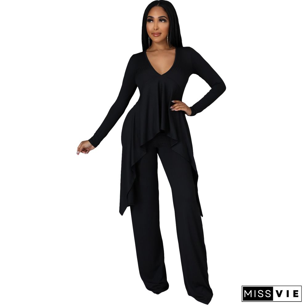 V Neck Irregular Top Straight-leg Pants Set