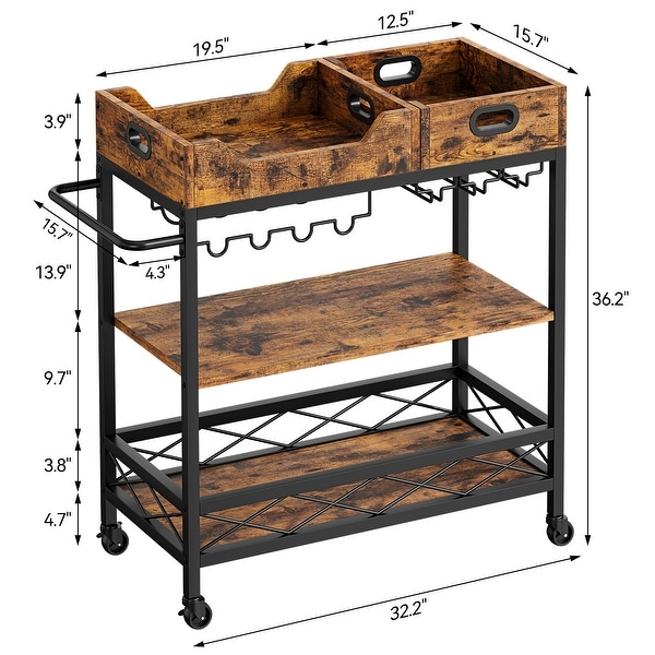 Bar Cart， 3 Tier Bar Carts for The Home，Grey Bar Cart with Wheels， Two Portable Trays， Wine Rack， Glasses Holder