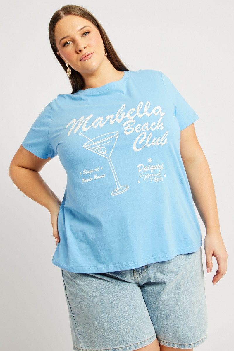Blue Graphic T Shirt Short Sleeve Crew Neck