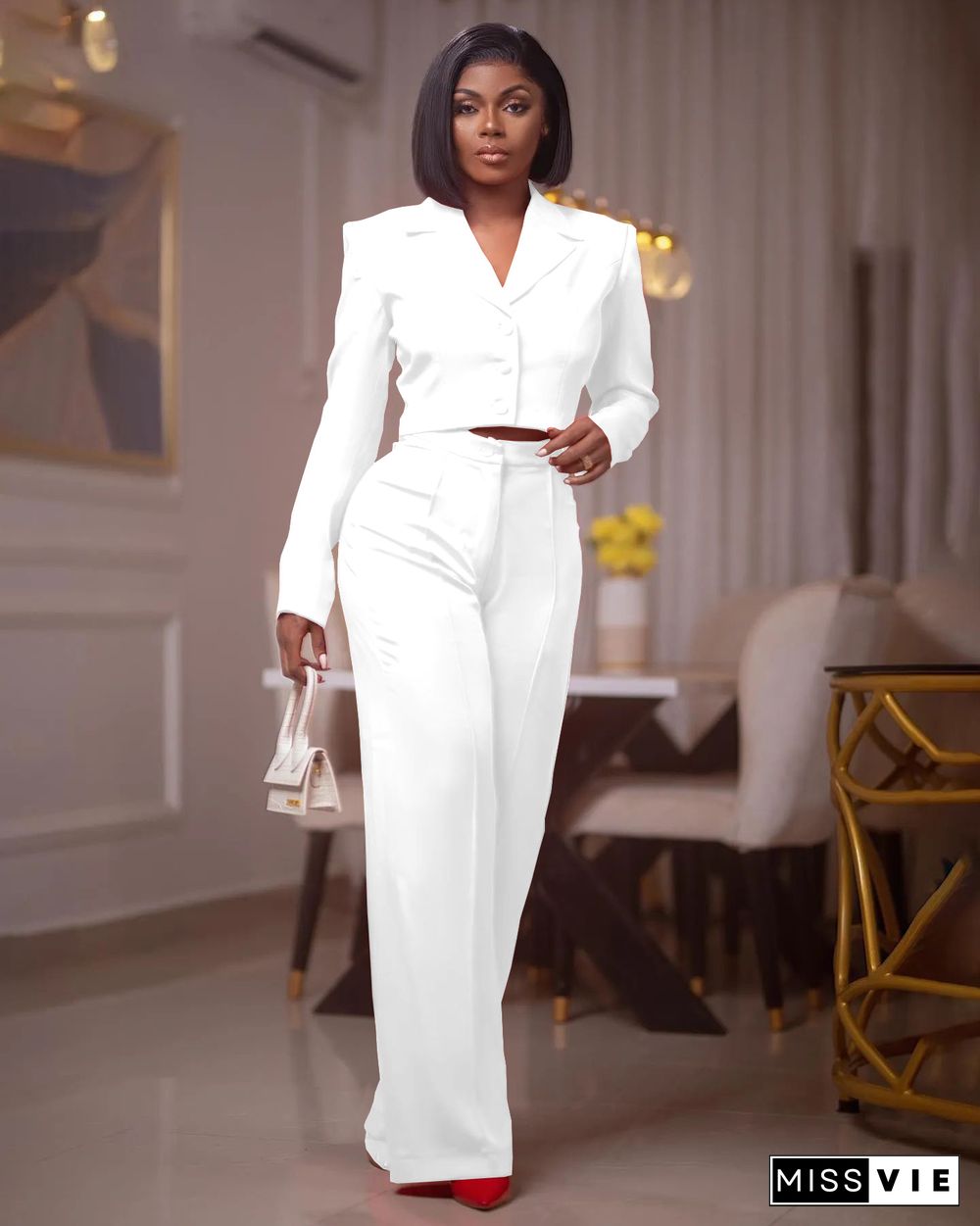 Chic Blazer Jacket OL Wide Leg High Waist Pants Suits