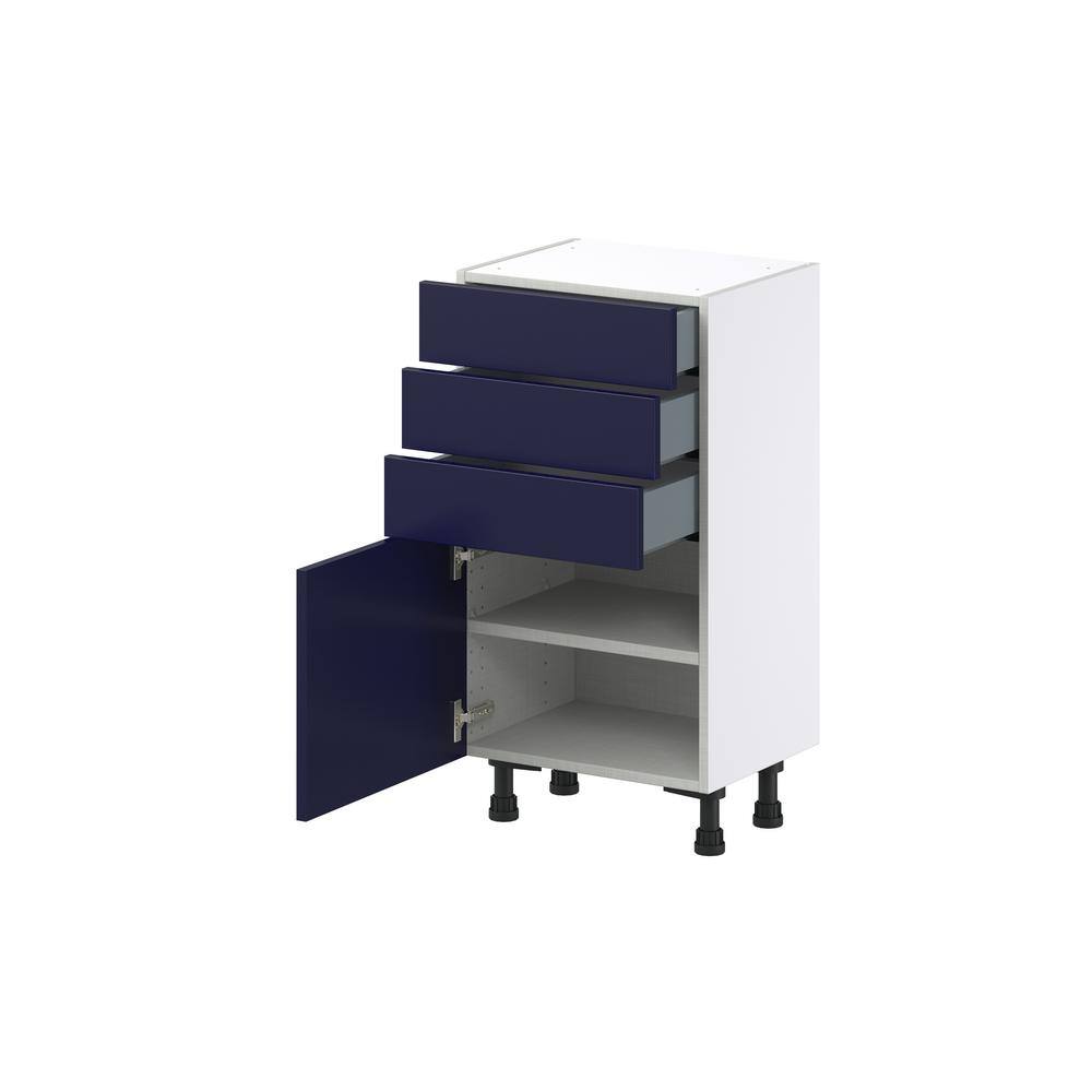 J COLLECTION 18 in. W x 14 in. D x 34.5 in. H Devon Painted Blue Shaker Assembled Shallow Base Kitchen Cabinet with 3 Drawers DSB1814C(LR)-DV